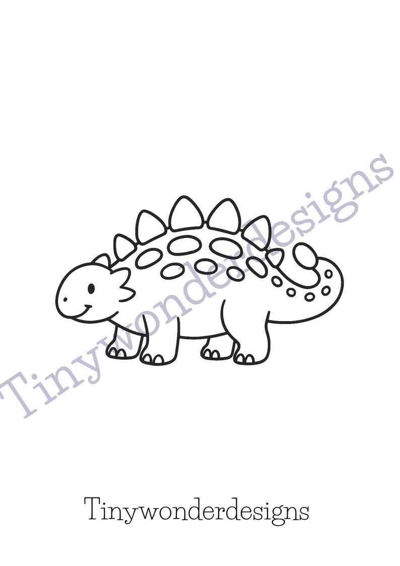 May include: A black and white line drawing of a dinosaur with a friendly expression. The dinosaur has a row of triangular plates along its back and a dotted tail. The text "Tinywonderdesigns" is below the image.