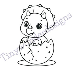 May include: Black and white line art illustration of a baby triceratops hatching from an egg. The dinosaur has a frill, horns, and large eyes. The egg is cracked, and the design includes the text "Tinywonderdesigns".