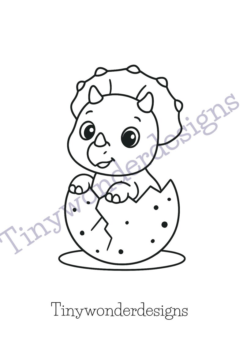May include: Black and white line art illustration of a baby triceratops hatching from an egg. The dinosaur has a frill, horns, and large eyes. The egg is cracked, and the design includes the text "Tinywonderdesigns".