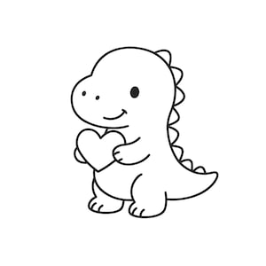 May include: A black and white illustration of a smiling dinosaur holding a heart. The dinosaur has a friendly expression and is outlined in black. The text "Tinywonderdesigns" is at the bottom.