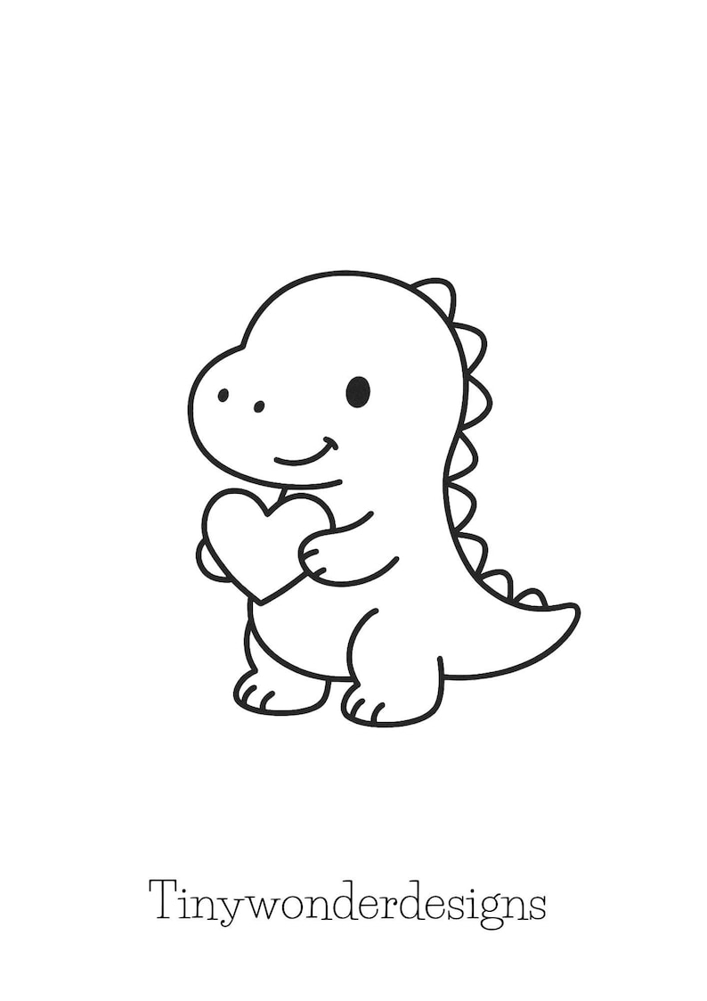 May include: A black and white illustration of a smiling dinosaur holding a heart. The dinosaur has a friendly expression and is outlined in black. The text "Tinywonderdesigns" is at the bottom.