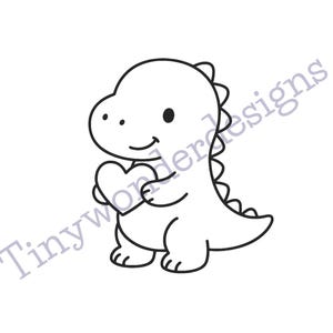 May include: A black and white cartoon illustration of a friendly dinosaur holding a heart. The dinosaur has a smiling face and a small tail. The text "Tinywonderdesigns" is at the bottom and diagonally across the image.