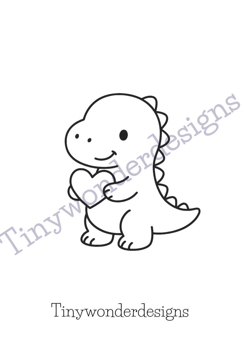 May include: A black and white cartoon illustration of a friendly dinosaur holding a heart. The dinosaur has a smiling face and a small tail. The text "Tinywonderdesigns" is at the bottom and diagonally across the image.