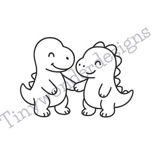 May include: A black and white illustration of two friendly cartoon dinosaurs holding hands. The dinosaurs have smiling faces and are outlined in black. The text "Tinywonderdesigns" is at the bottom.