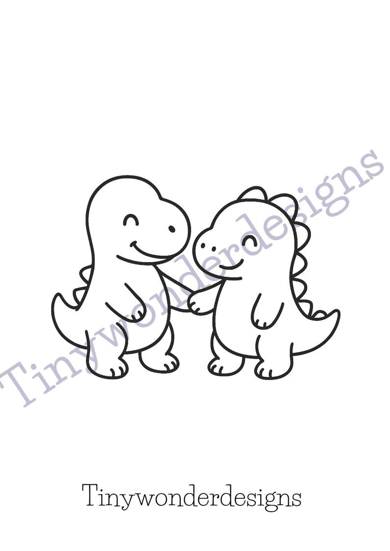May include: A black and white illustration of two friendly cartoon dinosaurs holding hands. The dinosaurs have smiling faces and are outlined in black. The text "Tinywonderdesigns" is at the bottom.
