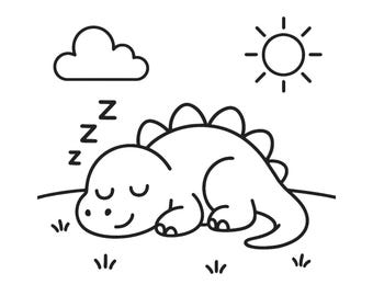 Pagina da colorare di dinosauro addormentato in PDF | Pagina da colorare di dinosauri per bambini | Adatto a persone con autismo | Download immediato in formato A4 | Stampa e colora