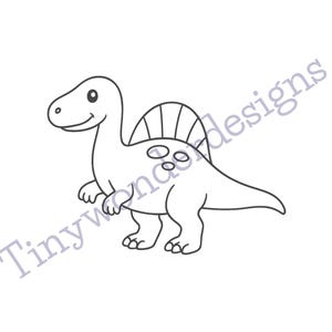 May include: A black and white line drawing of a dinosaur with a large fin on its back. The dinosaur is smiling and has three spots on its side. The text "Tinywonderdesigns" is below the dinosaur.
