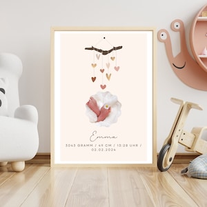 Tarjeta de nacimiento personalizada móvil y corazones rosas hechos digitalmente individualmente con una foto de su hijo - Anuncio de nacimiento PDF PNG