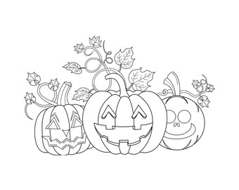 May include: Line art illustration of three carved pumpkins with smiling faces and leafy vines. The pumpkins are in various sizes and have different expressions, perfect for Halloween decorations.