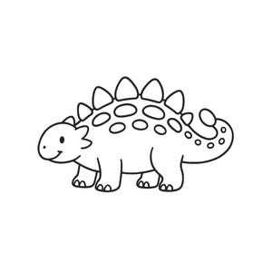 May include: A black and white line drawing of a dinosaur with a friendly expression. The dinosaur has a row of triangular plates along its back and a patterned tail. The text "Tinywonderdesigns" is below the dinosaur.
