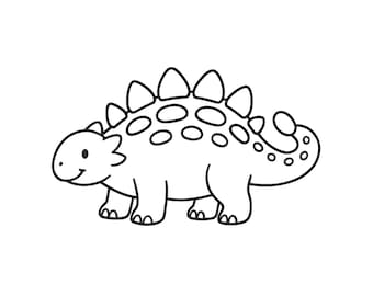 May include: A black and white line drawing of a dinosaur with a friendly expression. The dinosaur has a row of triangular plates along its back and a patterned tail. The text "Tinywonderdesigns" is below the dinosaur.