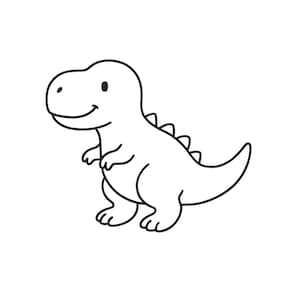 May include: A black and white cartoon illustration of a smiling Tyrannosaurus Rex dinosaur. The dinosaur has a small body, short arms, and a long tail. The text "Tinywonderdesigns" is below the dinosaur.