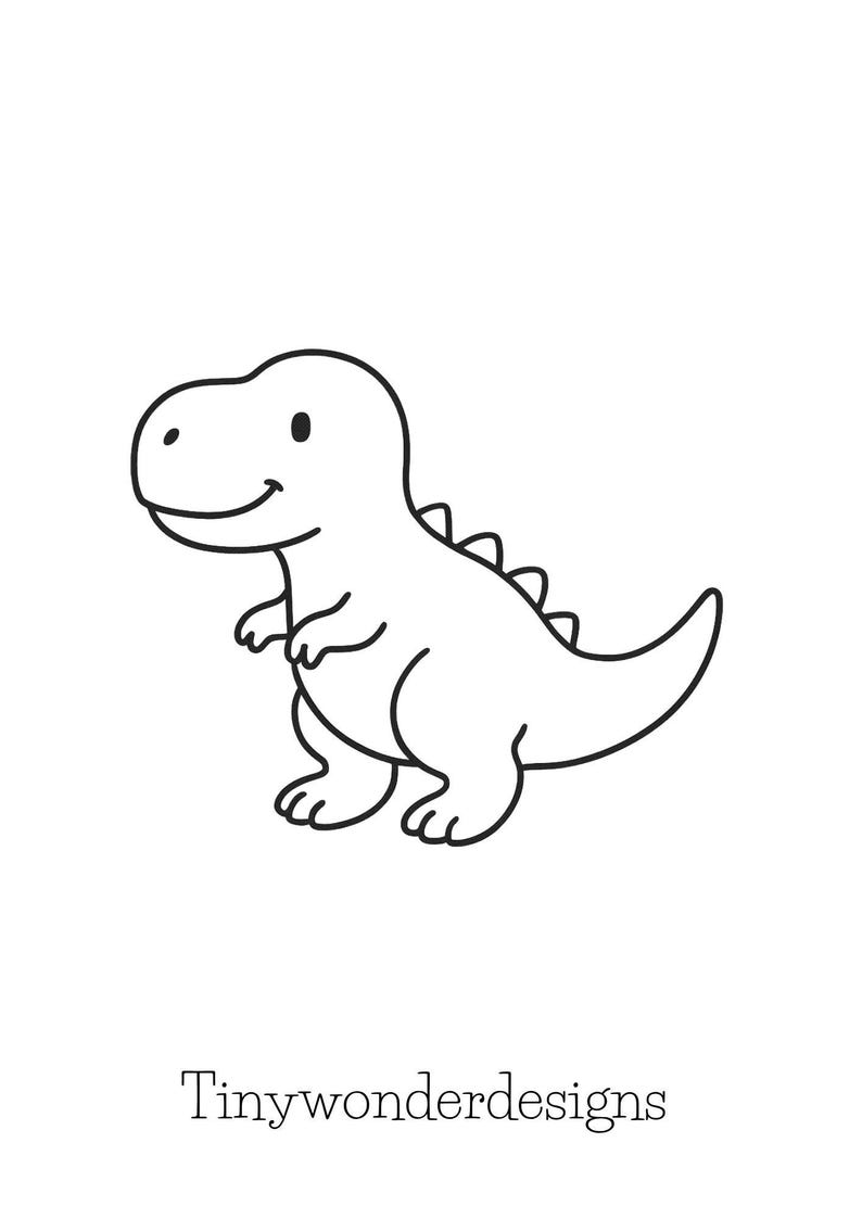 May include: A black and white cartoon illustration of a smiling Tyrannosaurus Rex dinosaur. The dinosaur has a small body, short arms, and a long tail. The text "Tinywonderdesigns" is below the dinosaur.