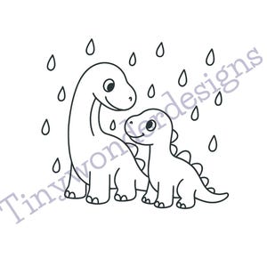 May include: Black and white illustration of two dinosaurs under raindrops. The larger dinosaur has a long neck, and the smaller one has a spiky back. The text "Tinywonderdesigns" is at the bottom.