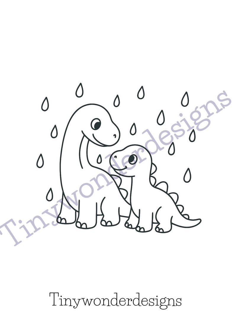 May include: Black and white illustration of two dinosaurs under raindrops. The larger dinosaur has a long neck, and the smaller one has a spiky back. The text "Tinywonderdesigns" is at the bottom.