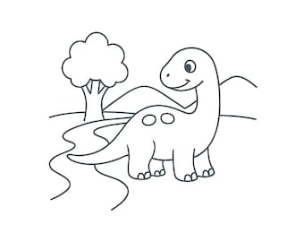 Dinosaur by a River Coloring Page PDF | Dinosaur Coloring Page for Kids | Autism-Friendly | Instant Download A4 | Print & Color