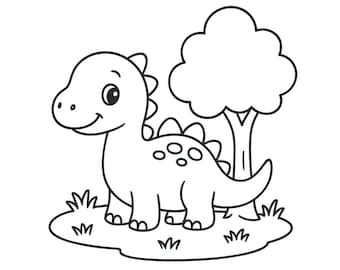 Dinosaur in a meadow with a tree coloring page PDF | Dinosaur coloring page for kids | Autism-friendly | Instant download A4 | Print & color