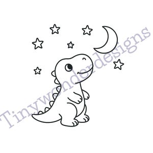 May include: A black and white illustration of a friendly dinosaur looking up at a crescent moon and stars. The text "Tinywonderdesigns" is at the bottom and across the image.