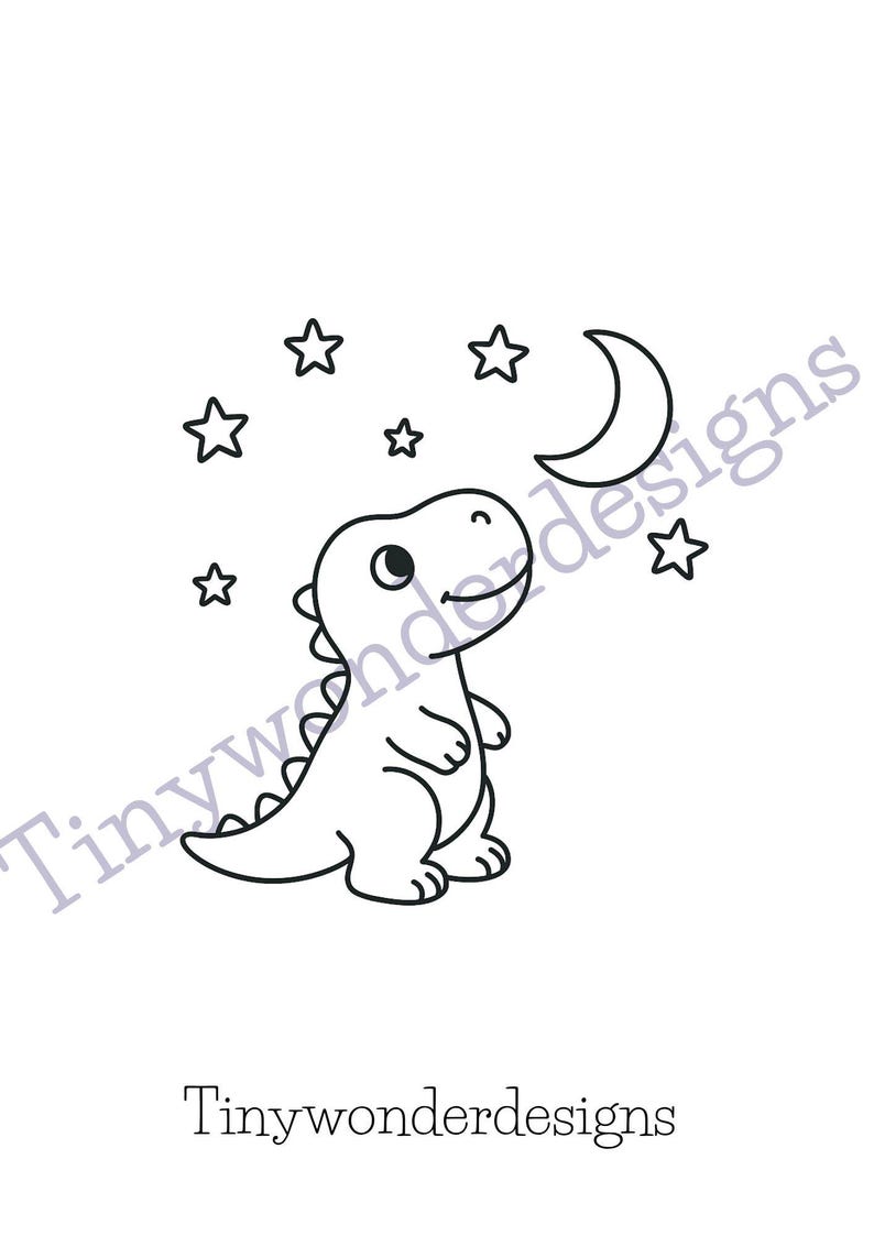 May include: A black and white illustration of a friendly dinosaur looking up at a crescent moon and stars. The text "Tinywonderdesigns" is at the bottom and across the image.