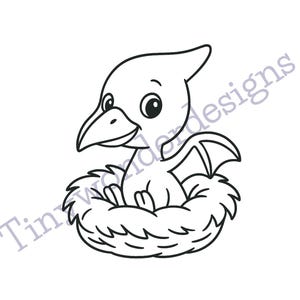 May include: Black and white line art illustration of a baby pterodactyl in a nest. The dinosaur has large eyes and a beak, with wings visible. The text "Tinywonderdesigns" is at the bottom.