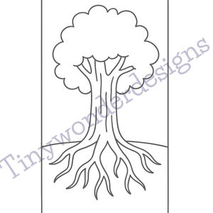 May include: Black and white line drawing of a tree with a full, rounded crown and exposed roots. The tree trunk is thick and textured. The text "Tinywonderdesigns" is at the bottom.