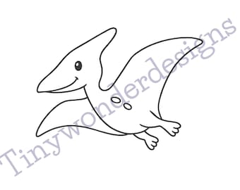 May include: A black and white line drawing of a cartoon pterodactyl with a smiling face. The image includes the text "Tinywonderdesigns" in a script font.