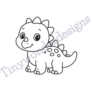 May include: A black and white cartoon illustration of a smiling dinosaur with a row of spikes on its back and head. The text "Tinywonderdesigns" is at the bottom and partially across the image.