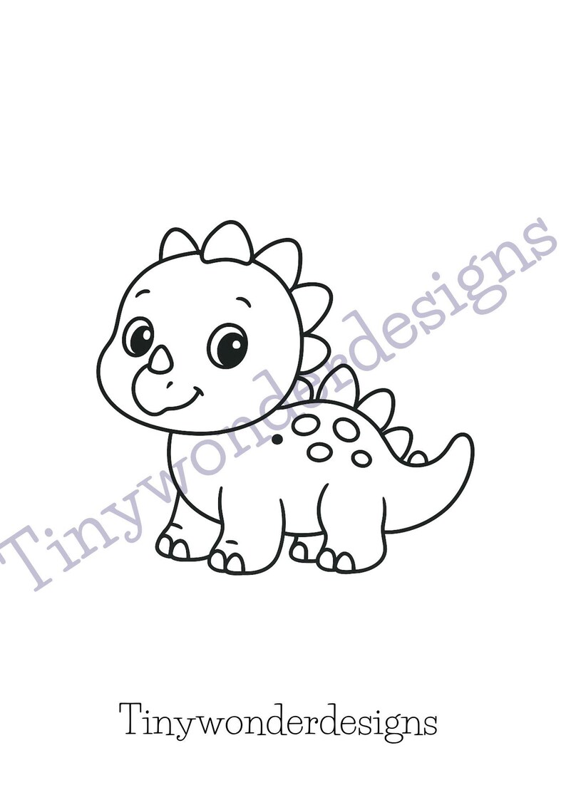 May include: A black and white cartoon illustration of a smiling dinosaur with a row of spikes on its back and head. The text "Tinywonderdesigns" is at the bottom and partially across the image.