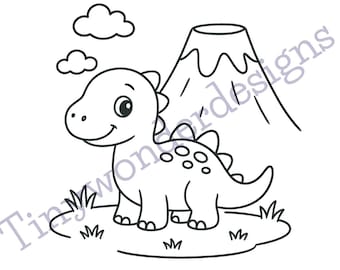 Dinosaur in front of a volcano coloring page PDF | Dinosaur coloring page for kids | Autism-friendly | Instant download A4 | Print & color