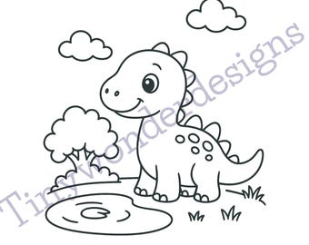 Dinosauro alla pozza d'acqua da colorare in PDF | Pagina da colorare con dinosauri per bambini | Adatto a persone con autismo | Download immediato in formato A4 | Stampa e colora