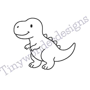 May include: A black and white cartoon illustration of a Tyrannosaurus Rex dinosaur with a smiling face. The dinosaur has small arms, a long tail, and is standing on two feet. The text "Tinywonderdesigns" is below the dinosaur.