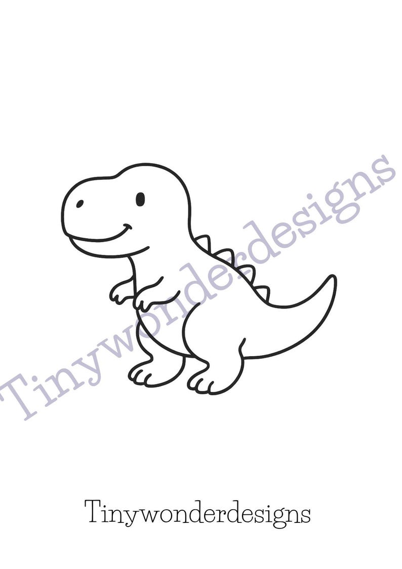 May include: A black and white cartoon illustration of a Tyrannosaurus Rex dinosaur with a smiling face. The dinosaur has small arms, a long tail, and is standing on two feet. The text "Tinywonderdesigns" is below the dinosaur.