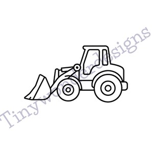 May include: A black and white line drawing of a front-end loader. The loader has a large scoop in front, a cab, and large tyres. The text "Tinywonderdesigns" is at the bottom and on the left side of the image.