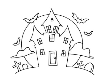 May include: A black and white line drawing of a haunted house with bats, a moon, and tombstones. The house has multiple windows and a door. The text "Tinywonderdesigns24" is at the bottom.