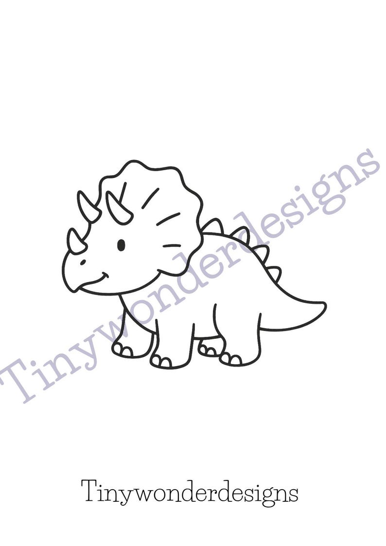 May include: A black and white line drawing of a Triceratops dinosaur. The dinosaur has three horns, a frill, and a smiling face. The text "Tinywonderdesigns" is below the dinosaur.