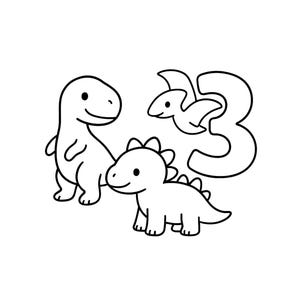Peut inclure: Illustration en noir et blanc de deux dinosaures de dessin animé et du chiffre 3. Les dinosaures sourient, et l'image comprend le texte "Tinywonderdesigns" en bas.