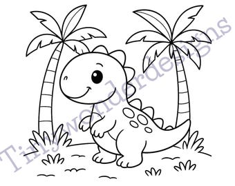 Dinosauro sotto le palme Pagina da colorare PDF | Pagina da colorare con dinosauri per bambini | Adatto a persone con autismo | Download immediato A4 | Stampa e colora
