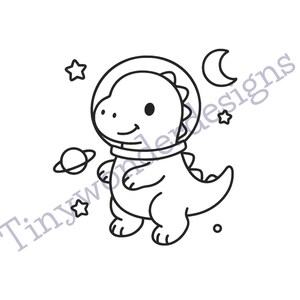 May include: A black and white illustration of a dinosaur wearing an astronaut helmet, surrounded by stars, a planet, and a crescent moon. The text "Tinywonderdesigns" is at the bottom.