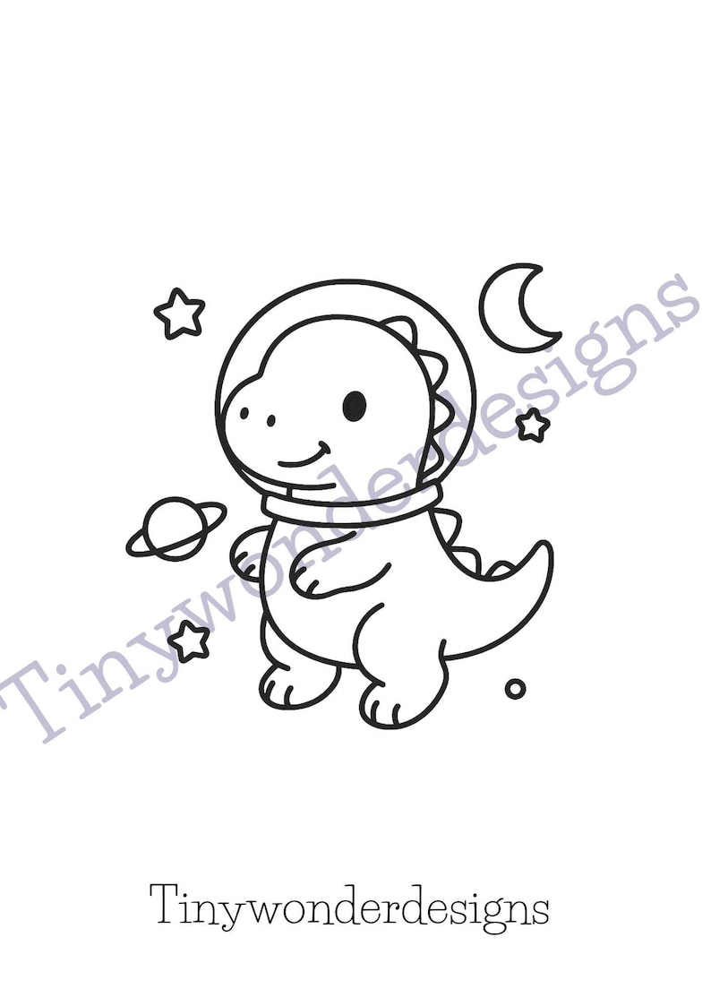 May include: A black and white illustration of a dinosaur wearing an astronaut helmet, surrounded by stars, a planet, and a crescent moon. The text "Tinywonderdesigns" is at the bottom.