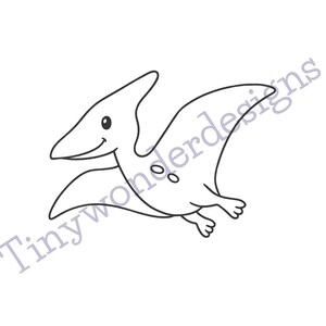 May include: A black and white line drawing of a cartoon pterodactyl with a smiling face. The image includes the text "Tinywonderdesigns" in a script font.