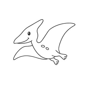 May include: A black and white line drawing of a cartoon pterodactyl in flight. The pterodactyl has a long beak, a small eye, and a smiling expression. The text "Tinywonderdesigns" is below the illustration.