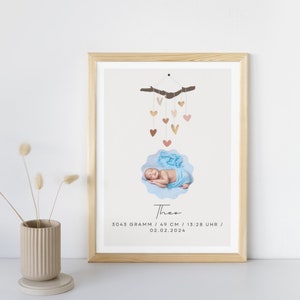 Tarjeta de nacimiento personalizada móvil y crema de corazones hecha digitalmente individualmente con una foto de su hijo - Anuncio de nacimiento PDF PNG