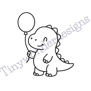May include: A black and white line drawing of a smiling dinosaur holding a balloon. The dinosaur has a friendly expression and is standing upright. The text "Tinywonderdesigns" is below the image.