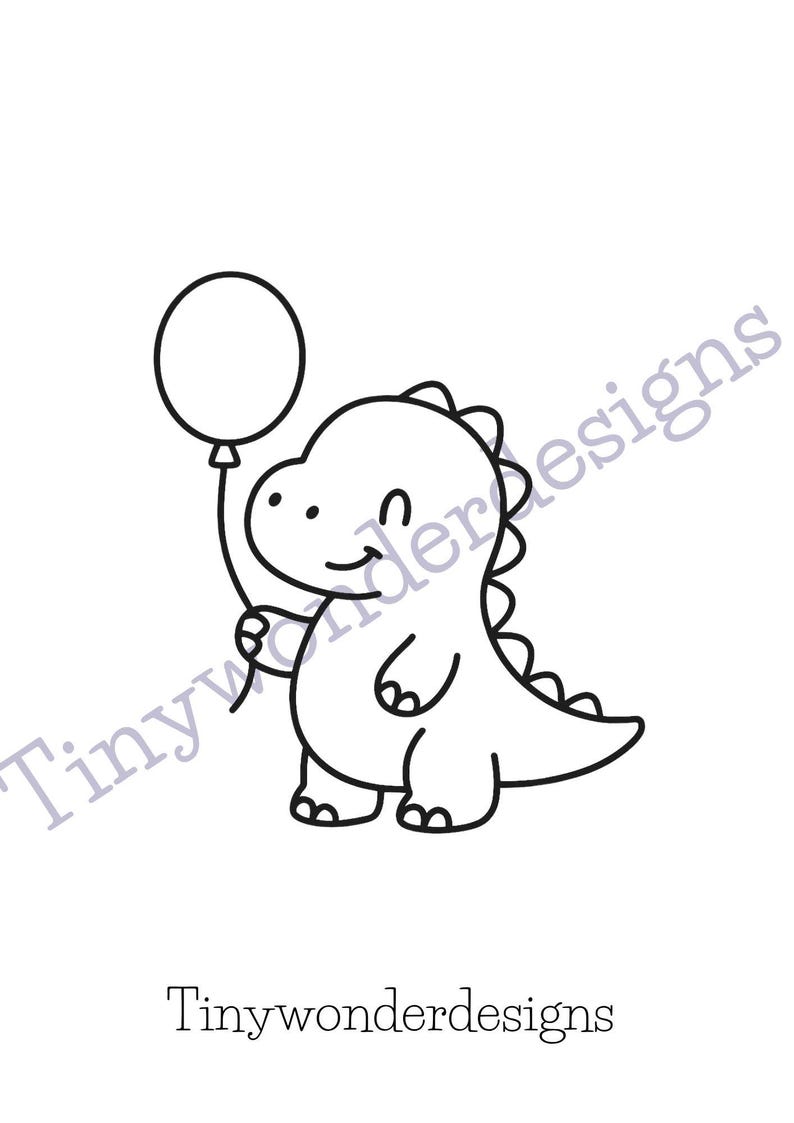 May include: A black and white line drawing of a smiling dinosaur holding a balloon. The dinosaur has a friendly expression and is standing upright. The text "Tinywonderdesigns" is below the image.