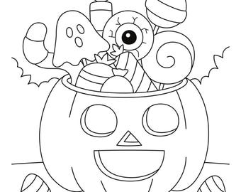Halloween coloring page for children | Doodle book pumpkin with sweets | Halloween coloring pages to print & for tablet | Coloring book elementary school