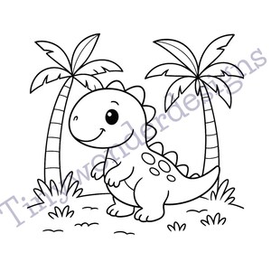 May include: Black and white line art illustration of a cartoon dinosaur with a smiling face, standing in front of two palm trees. The text "Tinywonderdesigns" is at the bottom.