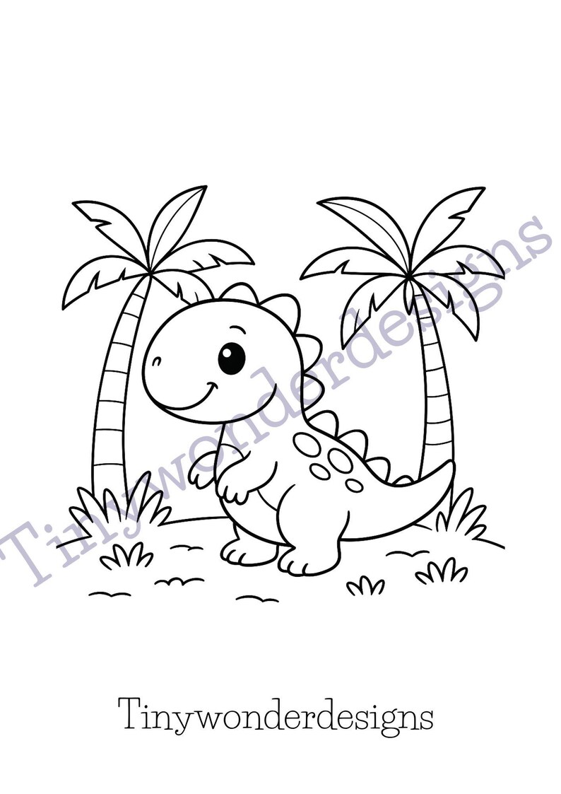 May include: Black and white line art illustration of a cartoon dinosaur with a smiling face, standing in front of two palm trees. The text "Tinywonderdesigns" is at the bottom.