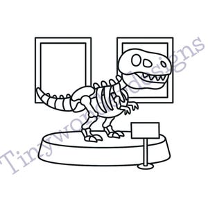 May include: Black and white cartoon illustration of a dinosaur skeleton on display in a museum. The dinosaur is on a round platform with a sign in front of it. Two framed pictures are behind the dinosaur. The text "Tinywonderdesigns" is at the bottom.