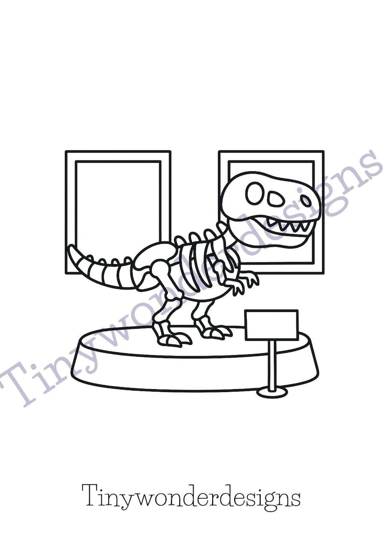 May include: Black and white cartoon illustration of a dinosaur skeleton on display in a museum. The dinosaur is on a round platform with a sign in front of it. Two framed pictures are behind the dinosaur. The text "Tinywonderdesigns" is at the bottom.