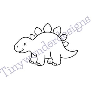 May include: A black and white line drawing of a cartoon dinosaur, a stegosaurus, with a smiling face. The dinosaur has a row of plates on its back and is walking. The text "Tinywonderdesigns" is in the image.